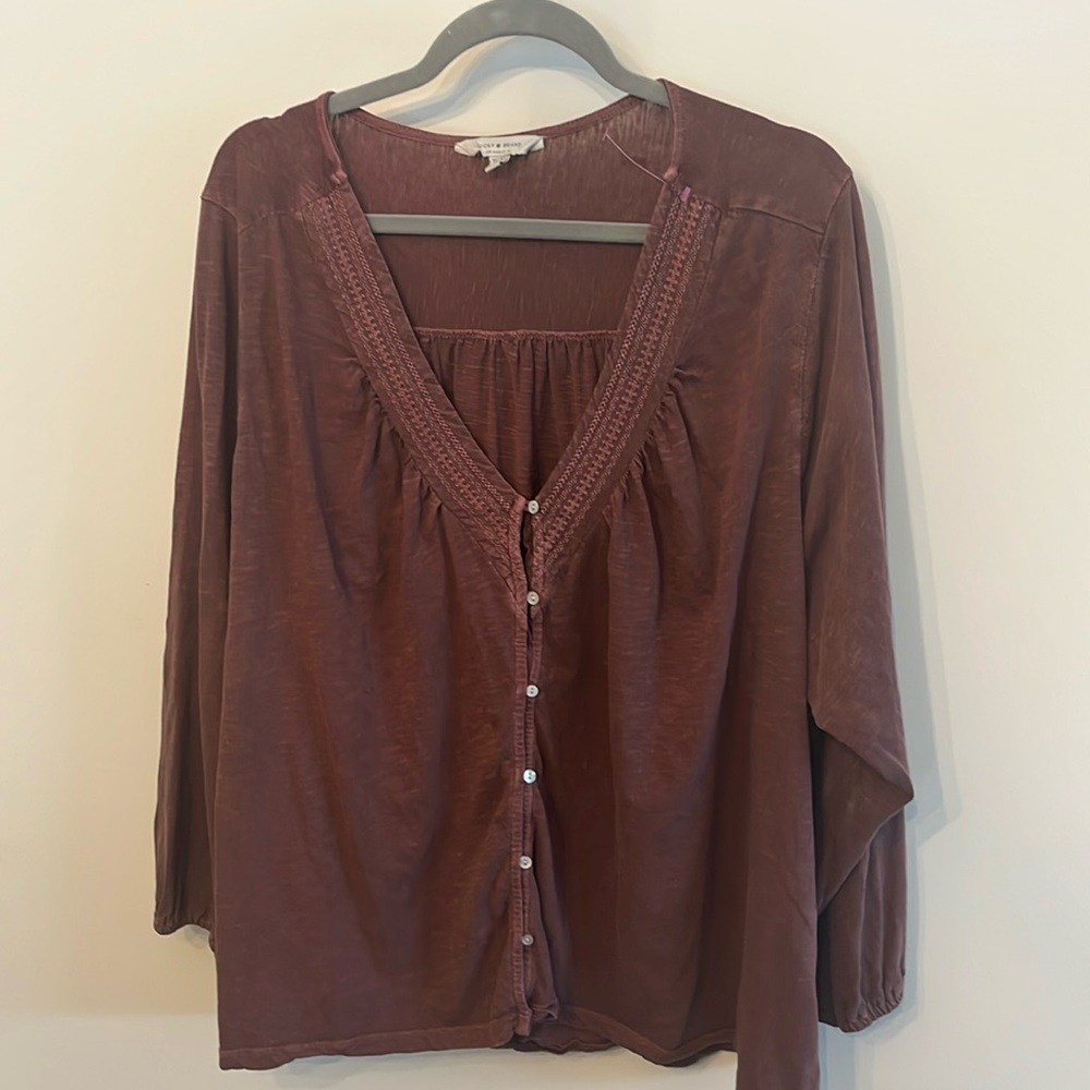 Lucky Brand Top Dusty Rose Embroidered V-Neck Cotton Knit Boho